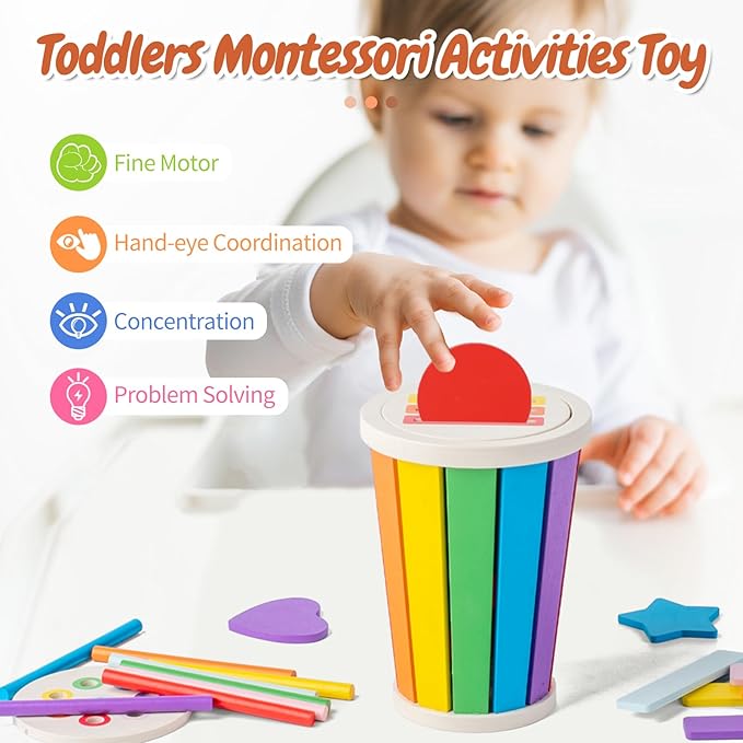 Montessori Toys for 1 2 3 Year Old, 3 in1 Wooden Learning Color Sorting Toys for Toddlers 12-36 Month Old, Wooden Educational Toy, Fine Motor Developmental Sensory Matching Games