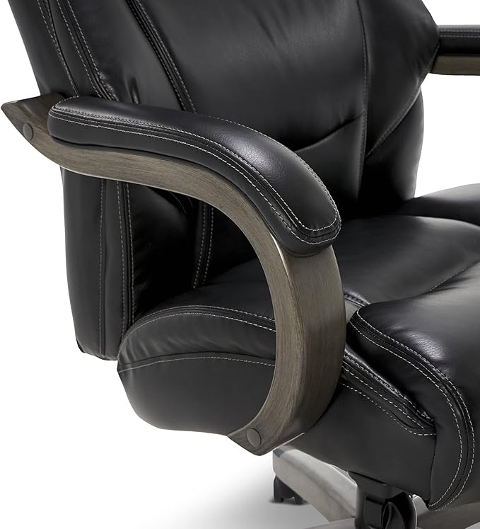 La-Z-Boy Delano Big & Tall Executive Office Chair, High Back Ergonomic Lumbar Support, Bonded Leather, Black with Weathered Gray Wood
