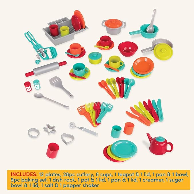 Battat – Toy Kitchen Set – 71Pc Pretend Cooking Accessories – 4 Table Settings & Cutlery – Dishwasher Safe & Worry-Free – 2 Years + – Deluxe Kitchen Playset