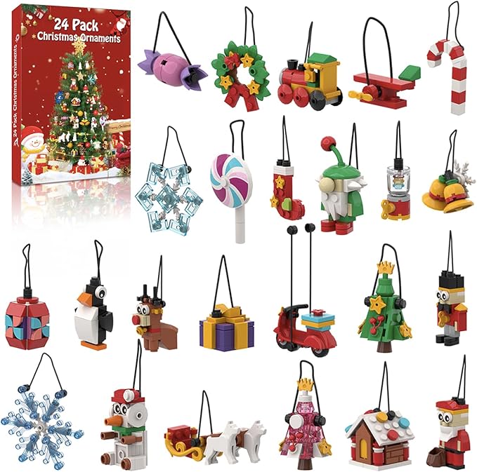 NKTOIEYS Christmas Ornaments Building Sets,24 Packs DIY Christmas Tree, Wreath Santa, Snowman,2024 New Decorative Hanging Xmas Ornaments Building Toys Best Festival Gift for Kids