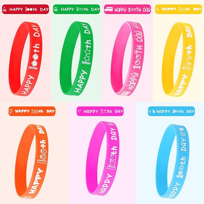 JUNEBRUSHS 100th Day of School Party Favors, 42pcs 100 Days of School Silicone Bracelets Rubber Wristbands for Kids School Party Students Kindergarten Teacher Preschool Gift Decorations Supplies