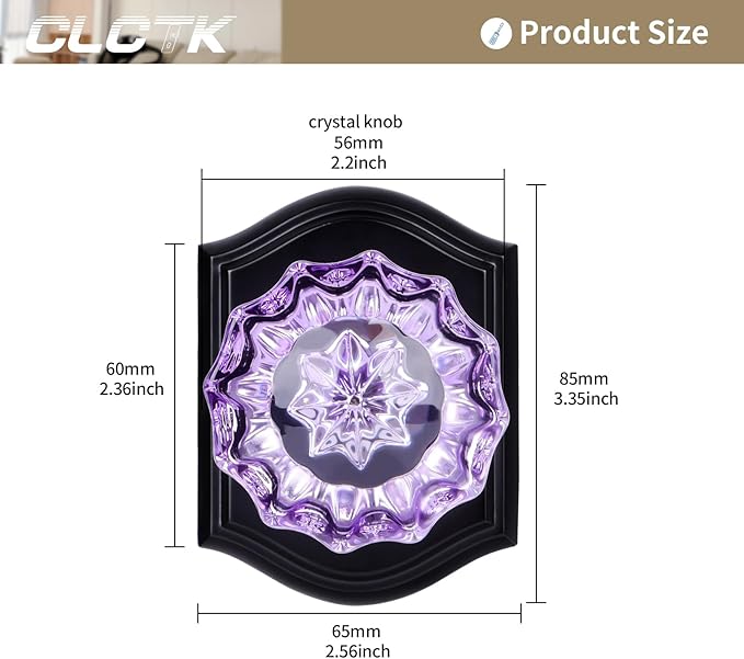 CLCTK Purple Crystal Glass Passage Door Knob and Single Cylinder Deadbolt Combo Set, Matte Black Finish