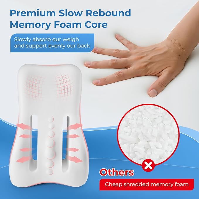 Ergonomic S Curve Reading Pillow for Sitting in Bed Adult- Back Pillow for Bed Sitting up with Adjustable Headrest- Memory Foam, Pink