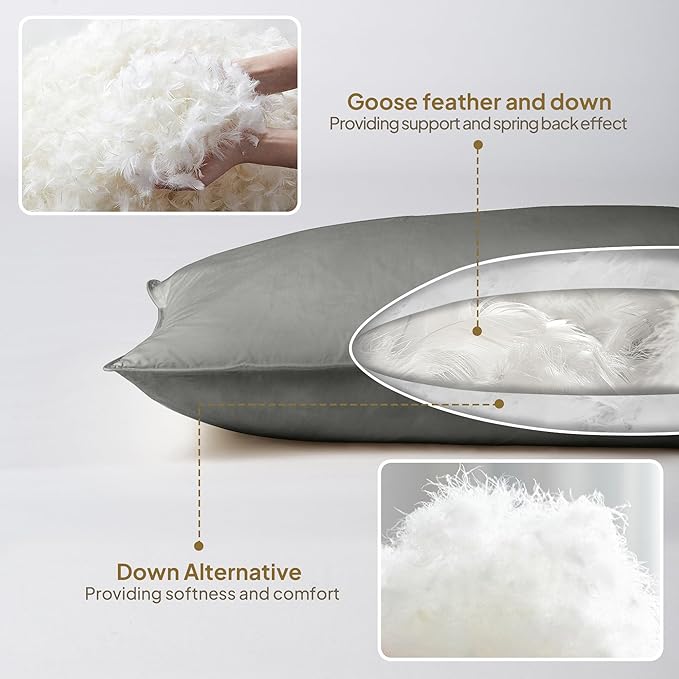 Goose Down Body Pillows for Adults, Large Body Pillow for Side Sleeper, Hugging Feather Body Pillow Insert, Cooling Full Length Long Pillow for Bed with 100% Organic Cotton Shell, 20"x72" Dark Grey