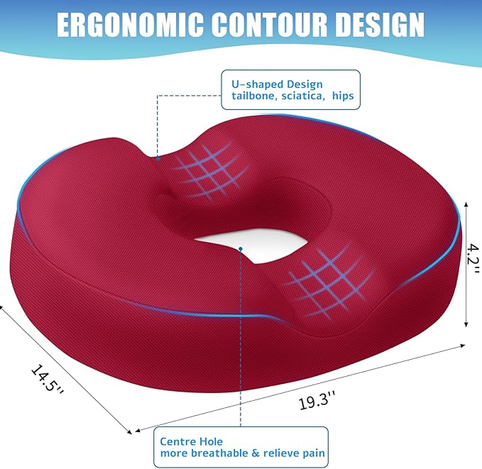 BlissTrends Donut Pillow Seat Cushion, Donut Chair Cushions for Postpartum Pregnancy & Hemorrhoids, Tailbone Pain Relief Cushion, Memory Foam Lifting Cushions for Office & Home Chairs (Red, XX-Large)