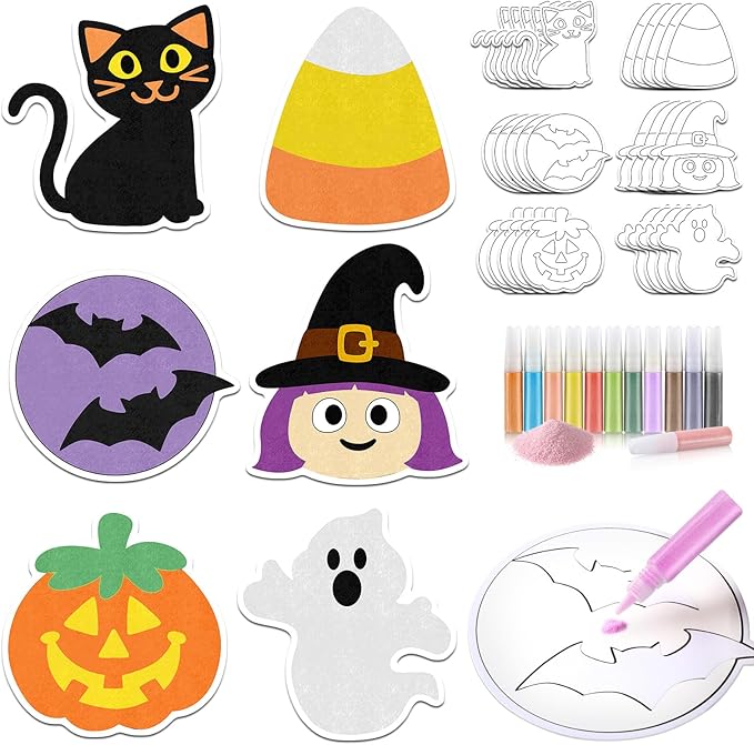24 Sets Halloween Sand Art Craft Kit for Kids Halloween Pumpkin Candy Ghost Witch Cat Bat Painting Kit with Colored Sand Brushes Create Your Own Sand Art for Halloween Party Fun Activities