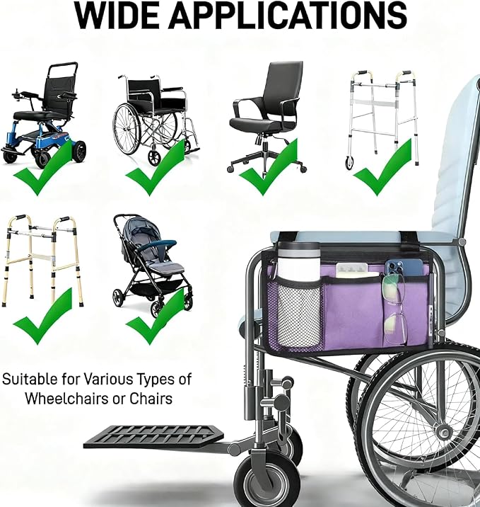 WEEOATAR Wheelchair Side Bags Storage Pouch with Cup Holder, Water-Resistant, Easy to Use with Release Buckle, Side Pocket with Reflective Stripe for Wheelchairs, Walkers or Rollator (Purple)