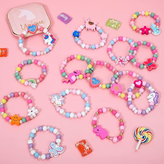 G.C 24 Pcs Girls Bracelets Jewelry for Kids Cute Unicorn Mermaid Animal Pendant Colorful Wooden Beaded Bracelets Princess Pretend Play Gifts for Toddlers