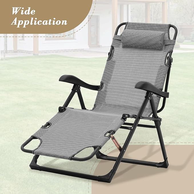 Athena Collection Zero Gravity Outdoor Lounge Chair Recliner, 27" Width Reclining Pool Lounge Lawn Chairs with Headrest and Curved Armrest, Outdoor Chaise for Beach Patio Backyard Outside, Grey