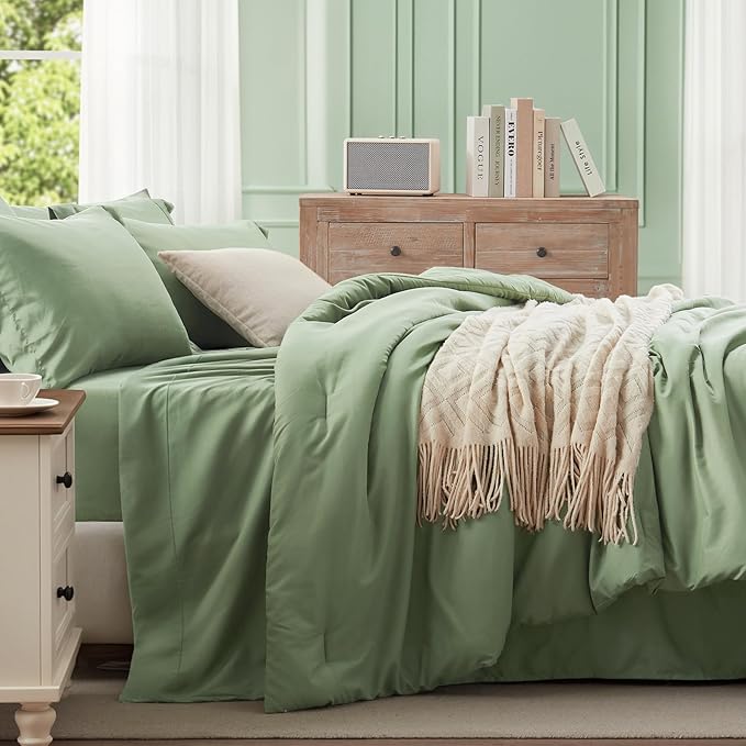 Anluoer Sage Green California King Comforter Set 7 Pieces, Bed in a Bag with Sheets, All Season Bedding Sets with 1 Comforter, 2 Pillow Shams, 2 Pillowcases, 1 Flat Sheet, 1 Fitted Sheet