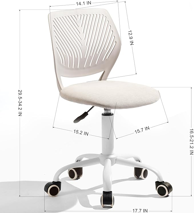 Homy Casa Armless Home Office Desk Chair, Colorful Task Chair with Soft Mesh Padded Cushion, Height Adjustable Swivel Study Computer Chair for for Girls Boys Teens (Beige, 1PC)