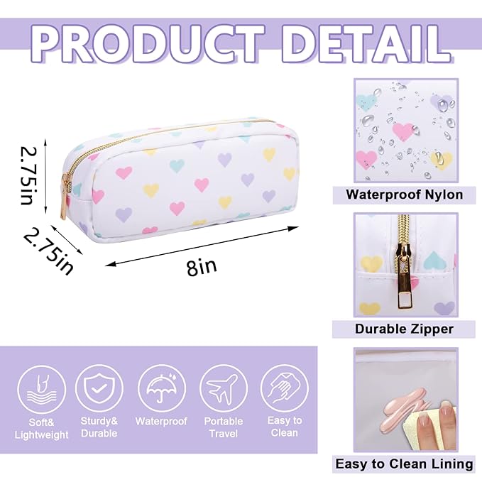 UIXIZQ Small Pencil Case Makeup Bag for Purse, Cute Pencil Pouch Nylon Preppy Makeup Brush Bag with Zipper, Girls Portable Stationery Storage Case for Office School College(Slim-White Heart)