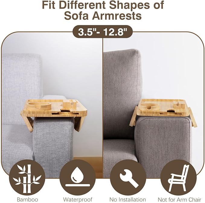 Couch Arm Table, Sofa Arm Tray with 360° Rotating Phone Holder & Cup Holder, Folding Anti-Slip Sofa Arm Table, Bamboo Couch Tray Clip on Side Table for Eating, Snacks, Phone, Remote, Cups