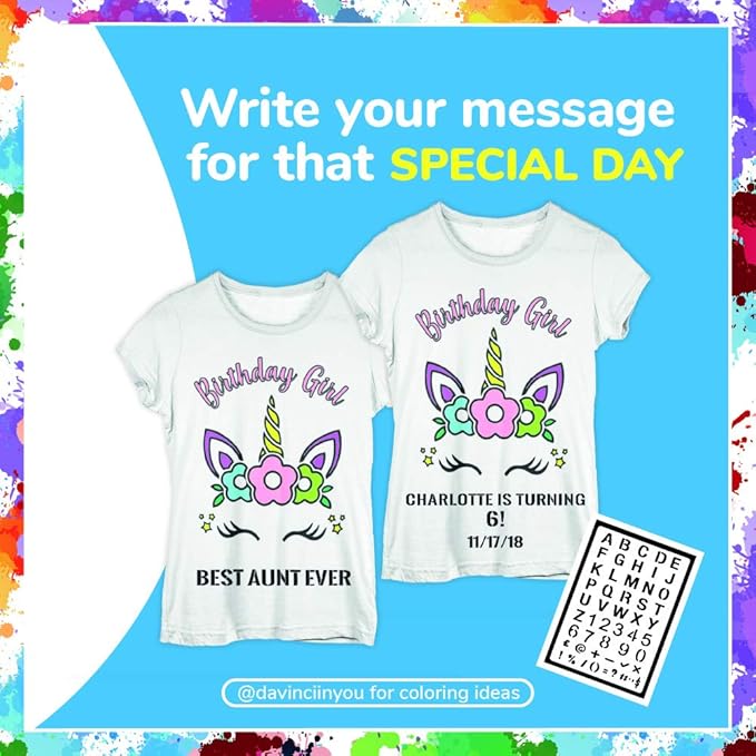 Coloring Shirt for Girls - Kit with 10 Fabric Markers and Alphabet Stencil (Birthday Unicorn, 8/9)
