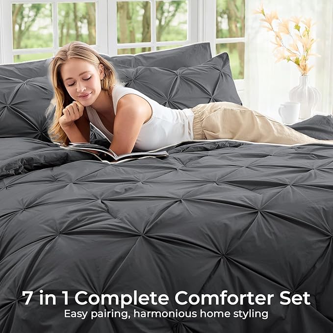 Sasttie King Size Comforter Set, 7-Piece Bed in a Bag, Pintuck Bedding Sets for All Season, Includes Comforter, Flat Sheet, Fitted Sheet, Pillowcases and Pillowshams, Dark Grey