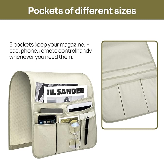 Teniux Remote Control Holder Faux Leather Armrest Organizer with 6 Pockets for Recliner Couch Sofa, Armchair Caddy for Smart Phone, Book, Magazines, Ipad, Remotes (Oyster White)