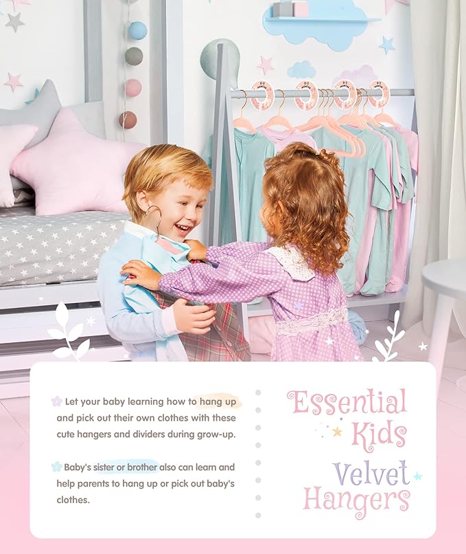 Baby Hangers, VIS'V 11 Inch Pink Velvet Kids Hangers with 6 Pcs Size Dividers Non Slip Nursery Children Closet Clothes Hangers for Infant Toddler Girls and Boys 30 Pcs