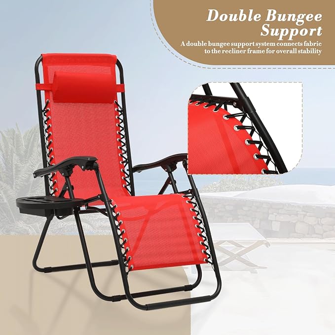 Athena Collection Zero Gravity Outdoor Lounge Chairs Set of 2, 25" Width Pool Lounge Lawn Chairs Reclining with Cup Holder, Outdoor Chaise for Beach Patio Backyard Outside, Red