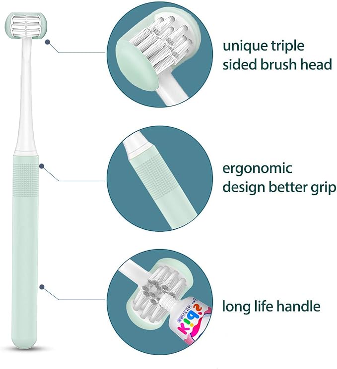 2 Pieces 3 Sided Toddler Toothbrush, Three Bristles for Kids Toothbrush, Autism Soft Bristles Toothbrush,Soft and Gentle for Complete Tooth and Gum Care(C1（Blue+Yellow） Kids)