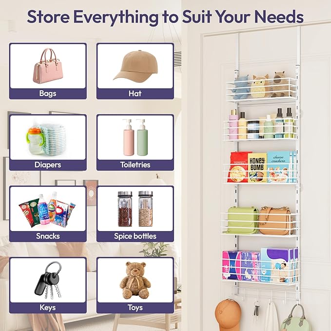 SWTYMIKI Over The Door Organizer - Door Organizer Hanging with 5 Adjustable Metal Large Capacity Basket and 6 Coat Hook, Wall Mounted Shelf for Bedroom Closet Bathroom Laundry Pantry Cabinet Kitchen