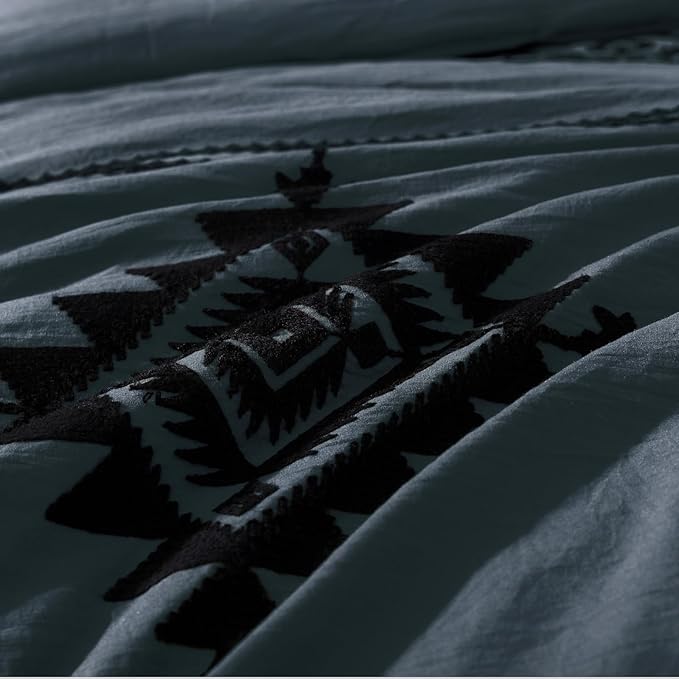 MaiRêve Oversized Queen Comforter Set Blue Grey, Embroidery Western Bedding Set Boho 7 Pieces, Farmhouse All-Season Bed in A Bag with Sheets, Pillowcases & Shams