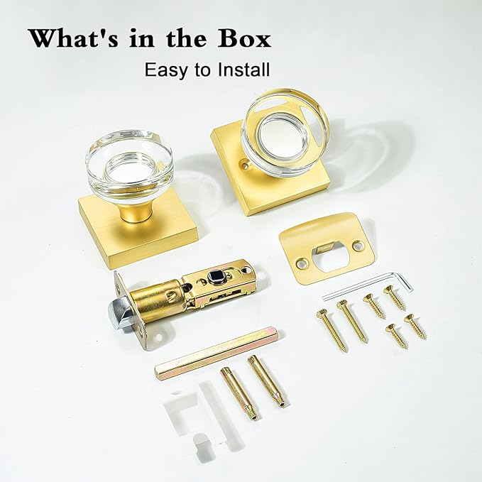coolnews Passage Function Clear Crystal Glass Door Knobs Interior, Modern Gold Door Knob with Square Plate, Satin Brass Finish