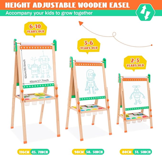 Kids Wooden Easel Foldable Double Sided Whiteboard Blackboard Children Art Easel with Storage, Height Adjustable Easel for Boys Girls Painting and Writing with Gift Packs (Green robot)