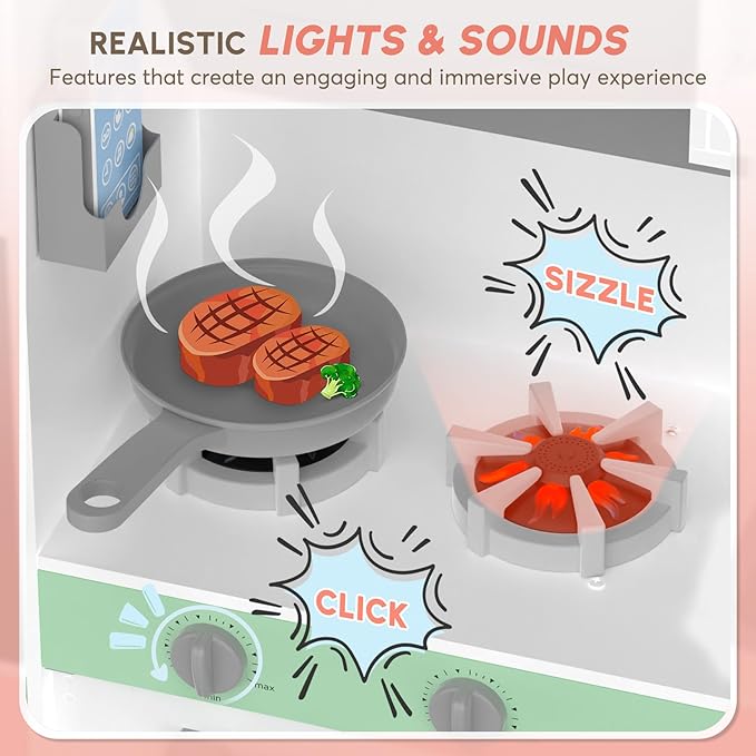 BIERUM Play Kitchen with Realistic Lights & Sounds, Wooden Kitchen Playset with 28 Pcs Toy Food & Cookware Accessories, Toy Kitchen with Plenty of Play Features, Idea Gift for Boys and Girls Ages 3+