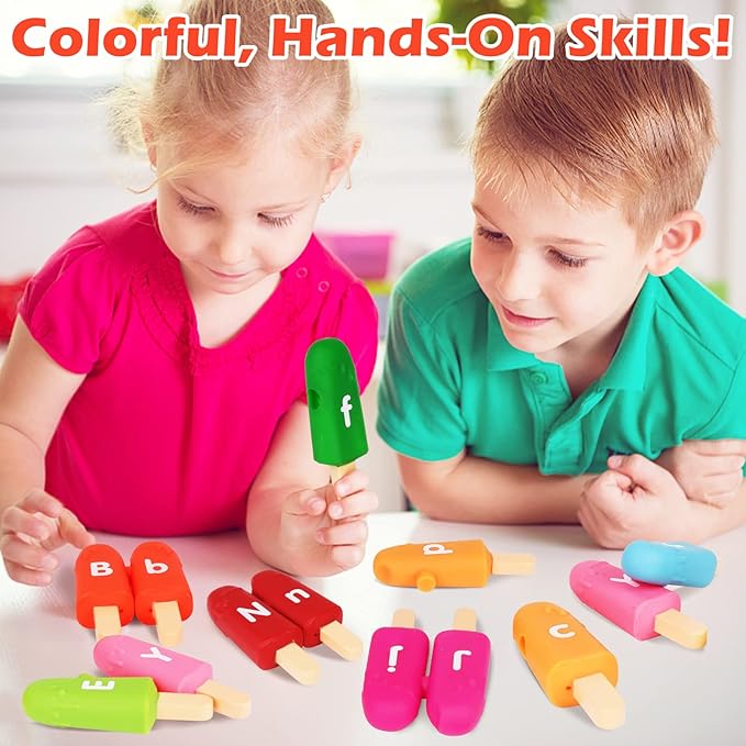 Toddler Alphabet Letters Matching Learning Toys，26 PCS Double - Sided ABC Letters Popsicle Toy Alphabet Match Game Color Sorting Recognition Fine Motor Skills Preschool Montessori Toys for Kids
