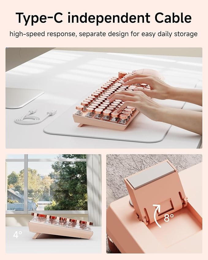 EWEADN Typewriter Style Mechanical Keyboard, Wired Typewriter Keyboard,104 Keys Retro Typewriter Keyboards, Media Control Knob, Wired Computer Keyboard Pink Switch for Windows/Mac/PC-Pink