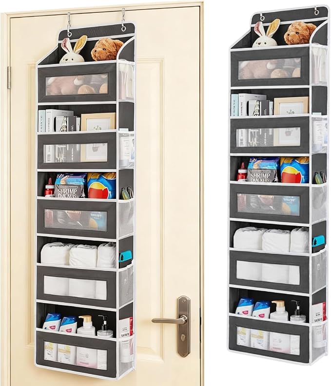 Over The Door Storage Organizer,Hanging Door Organizer with 5 Pockets Mesh Side Bag,Sturdy Hanging Shelves for Toys,Diaper,Nursery,Bedroom,Bathroom,15.7"×6.7"×57",Black