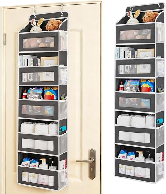 Over The Door Storage Organizer,Hanging Door Organizer with 5 Pockets Mesh Side Bag,Sturdy Hanging Shelves for Toys,Diaper,Nursery,Bedroom,Bathroom,15.7"×6.7"×57",Black