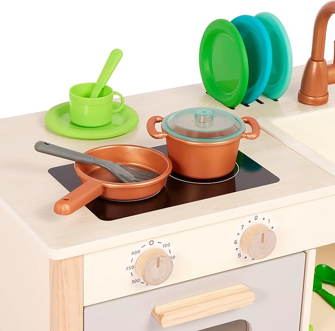 Battat – Play Kitchen & Market – Toddler-Friendly Size – Chalkboard Menu & Oven Dials – 25 Toy Cooking Accessories – 2 Years + – Two n' One Cookin' Fun