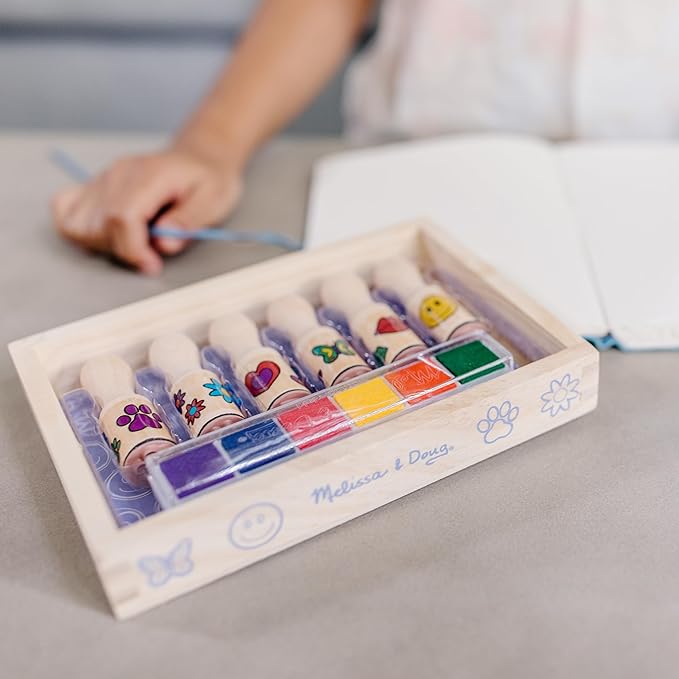 Melissa & Doug Happy Handles Wooden Stamp Set: 6 Stamps and 6-Color Stamp Pad With Washable Ink, Easy To Hold Stampers For Kids Ages 4+