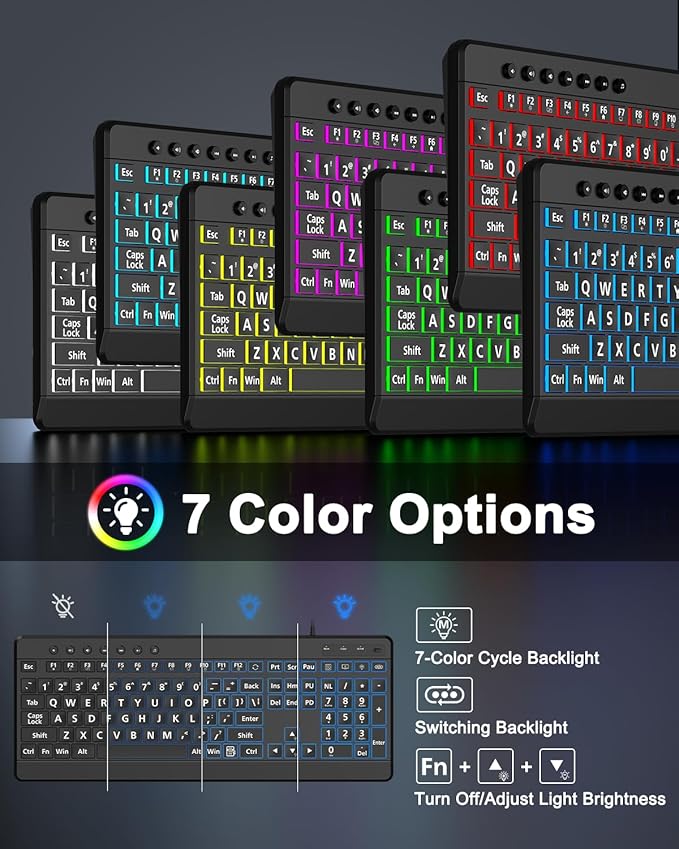 EDJO Large Print Backlit Wired Keyboard, Light Up USB Keyboard with 7-Colors Backlight, Oversize Letters Keys Full Size Computer Keyboard Compatible for Windows, Laptop, PC