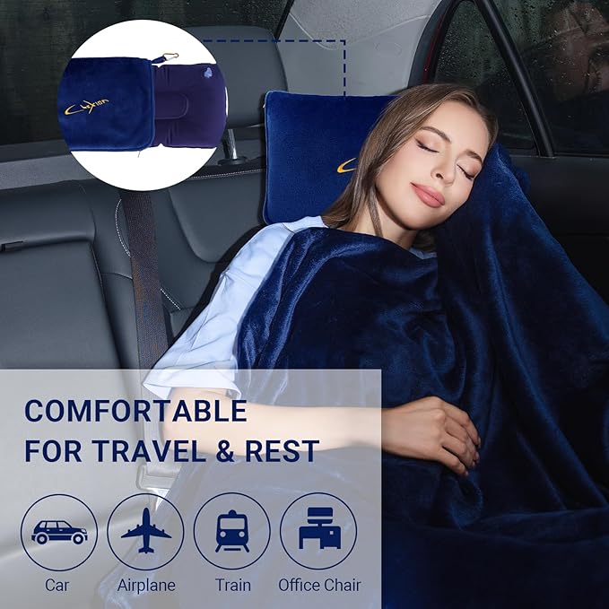 CLEXION Travel Blanket & Pillow Set, 300 GSM Soft Fleece, 60x43 Inches, 3-in-1 Airplane Blanket, Travel Pillow and Blanket Set, Travel Blanket Airplane Compact with Bag, Travel Essentials, Navy