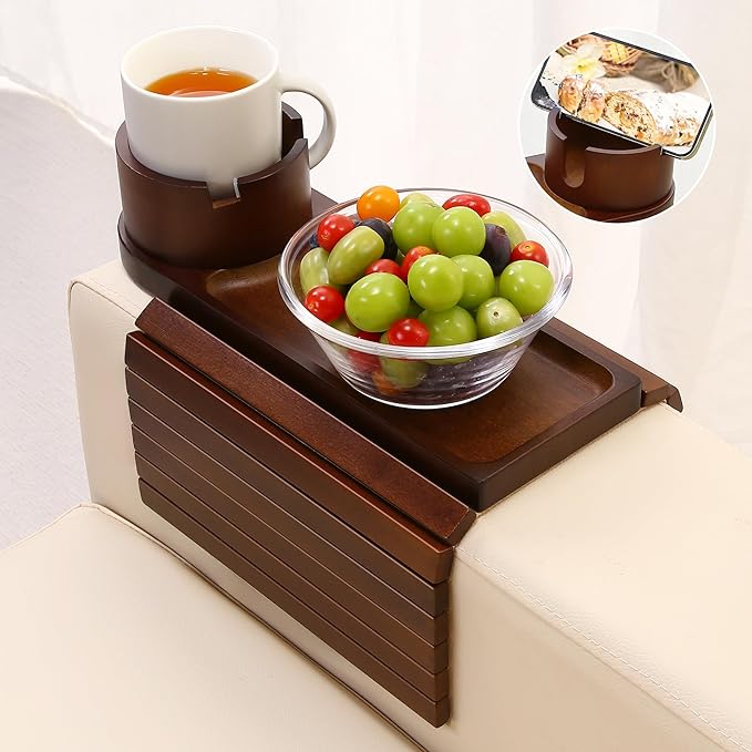 Couch Cup Holder,Bamboo Couch Arm Tray with 360° Rotating Cup Holder,Foldable Anti-Slip Sofa Arm Chair Tray for Eating Snack Drink Side Table