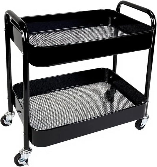 LIWNYRK 2 Tier Rolling Cart with Wheels for Under Desk Storage & Pantry Room, Large Capacity Laundry Room & Makeup Organizer, Sturdy Kitchen Utility Cart for Small Space with 4 Hooks, Black