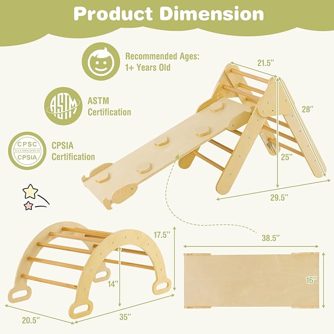 Costzon Climbing Toys for Toddlers, 5 in 1 Foldable Montessori Wooden Arch Climber Ladder with Sliding Ramp, Multi-Combination Methods, Kids Triangle Climber Play Gym Set for Boys Girls Present