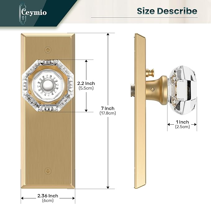 Glass Door Knobs for Interior Doors - Vintage Crystal Privacy Bedroom & Bathroom Door Knob with Lock - Diamond Cut Door Handle - Satin Brass Finish (1 Pack)