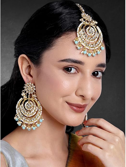 Aheli Bollywood Ethnic Chandbali Style Big Earrings Maang Tikka Set Traditional Fashion Jewelry Gift for Women
