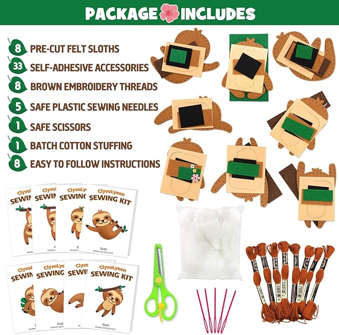 CiyvoLyeen Sloth Sewing Craft Kit Jungle Animal DIY Craft Sewing Kit for Girls and Boys Educational Sewing Kits for Kids Age 8 9 10 11 12 Craft Kit Includes 8 Projects