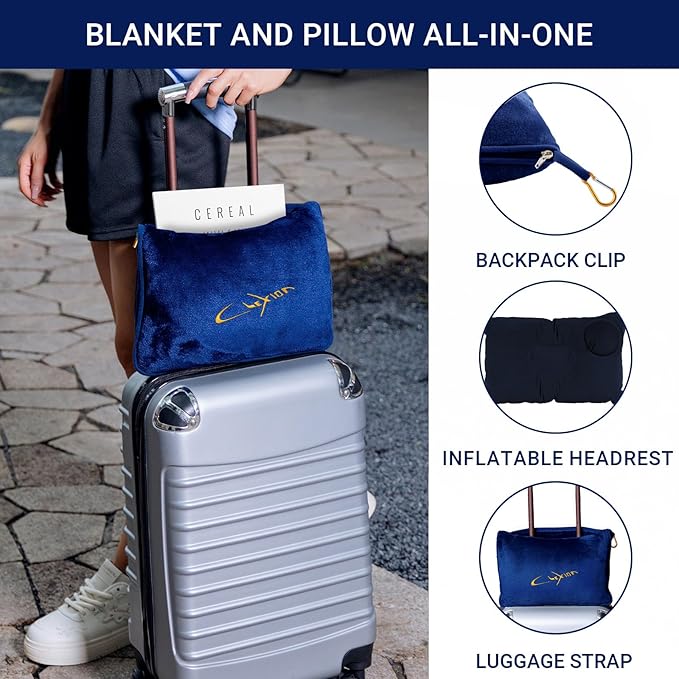 CLEXION Travel Blanket & Pillow Set, 300 GSM Soft Fleece, 60x43 Inches, 3-in-1 Airplane Blanket, Travel Pillow and Blanket Set, Travel Blanket Airplane Compact with Bag, Travel Essentials, Navy