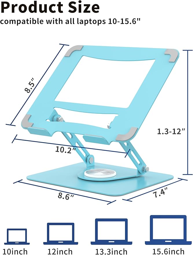 ALASHI Laptop Stand for Desk with 360° Rotating Base, Multi-Angle Adjustable Laptop Stands, Foldable Laptop Riser Compatible with 10 to 15.6 Inches PC Computer, Blue