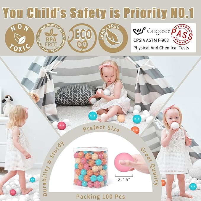 GOGOSO Ball Pit Balls for Toddlers - Soft and Gentle 100pcs 2.15inch plasticsball Christmas Decoration Birthday Gifts,Orange+Pink+Blue+Beige