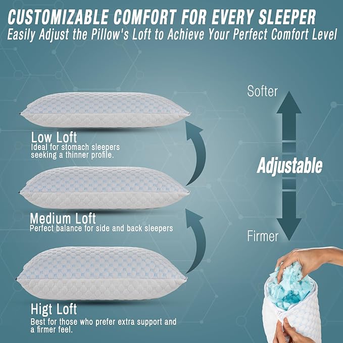 alkamto Cooling Shredded Memory Foam Pillow for Travel and Camping – Adjustable Gel for Personalized Support – Double-Sided Ice Silk & Soft Rayon – Lightweight, Compressible (White) (Travel)