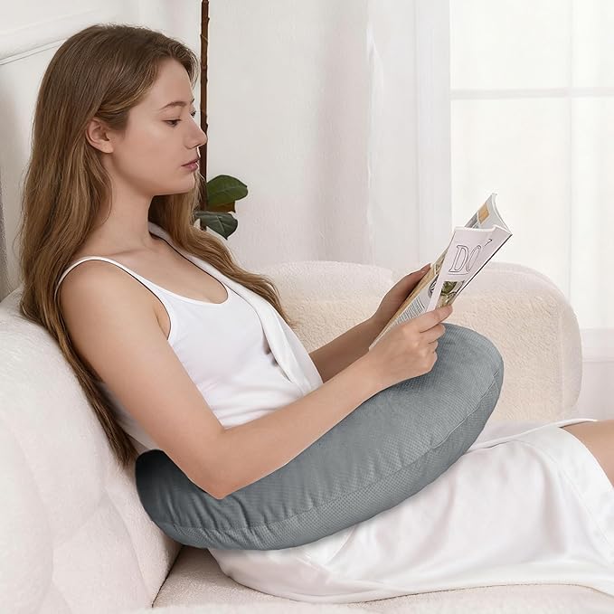 XWZO Reading Pillow for Gaming, Crocheting or Playing with Strong Arm Support, Gaming Pillow for Arm Rest When Sitting in Bed & Sofa, Lap Pillow Swen with Tiebacks and Side Pocket, Grey