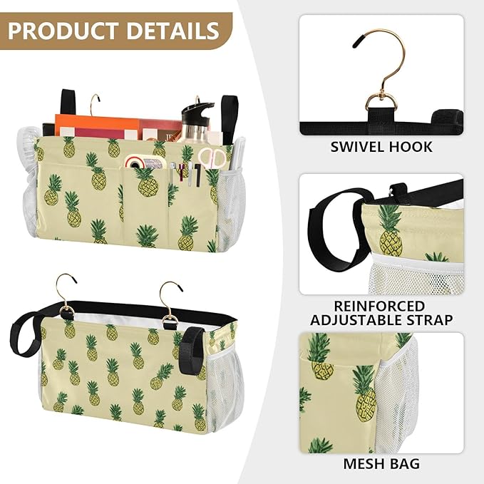 Light Yellow Pineapple01 Bedside Caddy for Dorm Bed Bedside Hanging Caddy Bag Iron Frame Storage Organizer Pocket for Bunk Home College Hospital Beds 2 Hooks