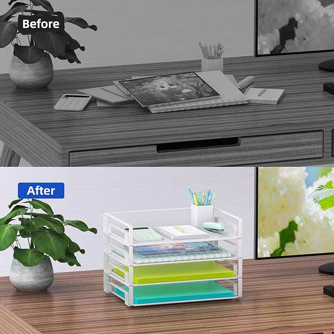 Samstar 4 Pack White Stackable Letter Paper Tray, Desk File Organizer Paper Sorter for Letter/A4 Size Folders Documents, Mesh Made,White