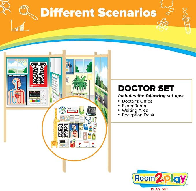 Large Kids Pretend Play Set for Toddlers Ages 3+ Years –Wooden Toy Playset Folds Away for Easy Storage with 20 Fun & Interactive Pieces (Doctor's Office)